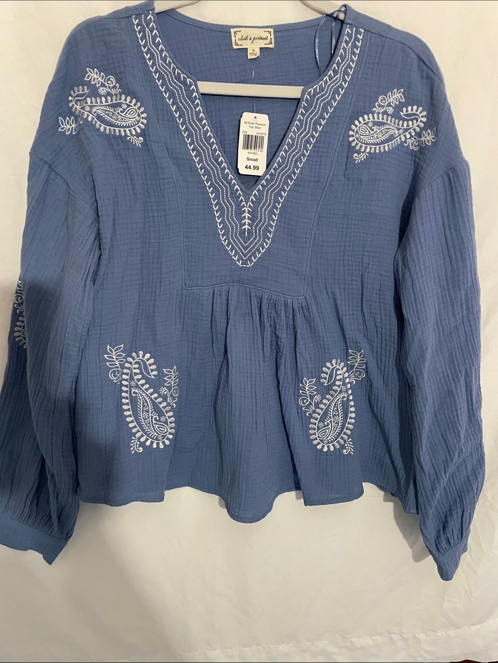 Cloth & Portrait Blue Embroidered V-Neck Peasant Top. 100% Cotton